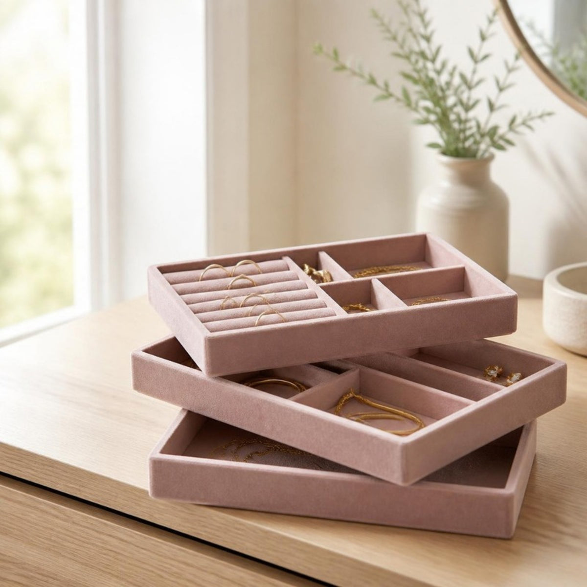 Smyckesbrickor med smycken på byrån