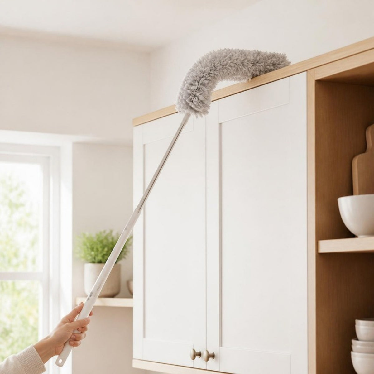 Dammvippa når ovanpå köksskåpen